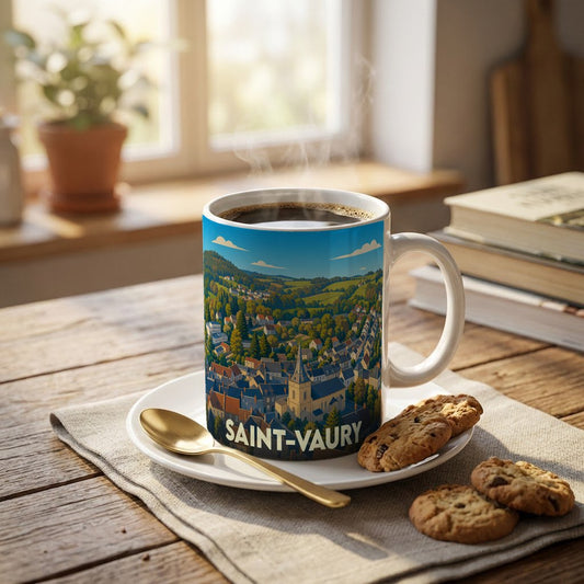Mug souvenir de la ville de Saint-Vaury orné d'une illustration panoramique colorée.