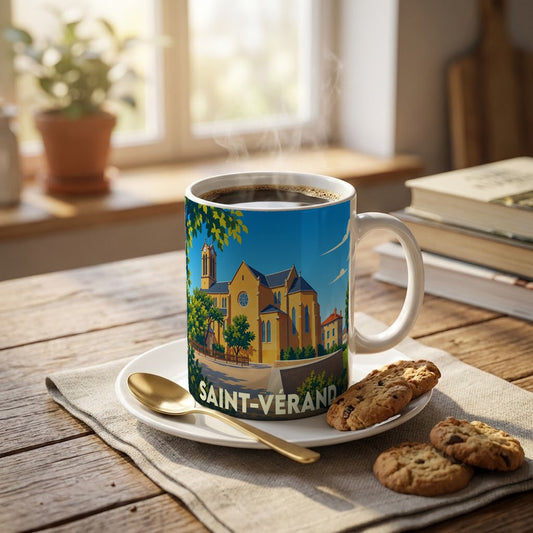 Mug souvenir de la ville de Saint-Vérand avec une illustration stylisée de son église.