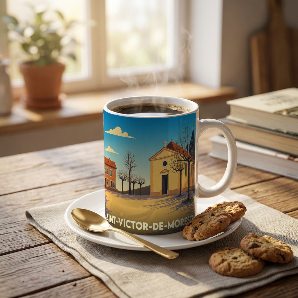 Mug souvenir de la ville de Saint-Victor-de-Morestel avec une illustration stylisée d'une église sous un ciel bleu.