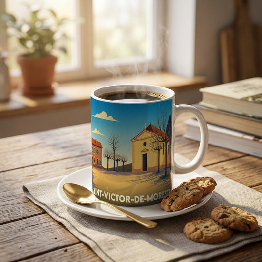 Mug souvenir de la ville de Saint-Victor-de-Morestel avec une illustration stylisée d'une église sous un ciel bleu.