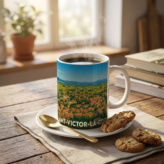 Mug souvenir de la ville de Saint-Victor-la-Coste avec une illustration panoramique stylisée.