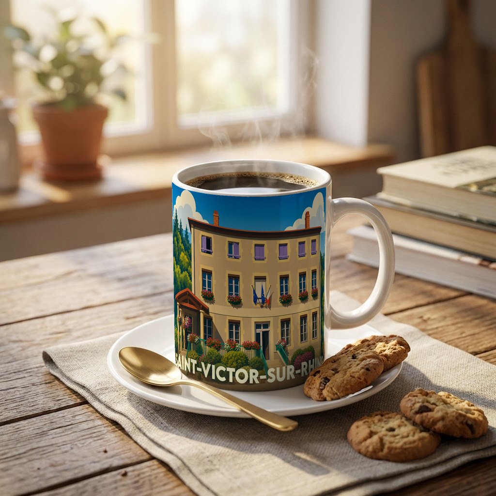 Mug souvenir de la ville de Saint-Victor-sur-Rhins avec une illustration stylisée d'un bâtiment emblématique.