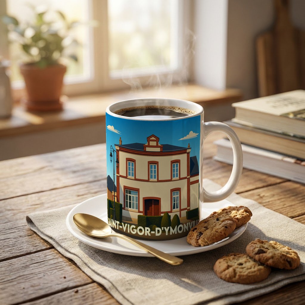 Mug souvenir de la ville de Saint-Vigor-d'Ymonville avec une illustration stylisée de sa mairie.