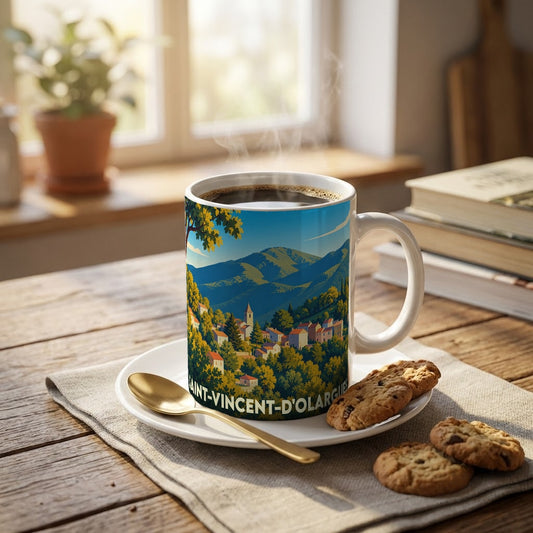Mug souvenir de la ville de Saint-Vincent-d'Olargues avec une illustration stylisée d'un village de montagne.