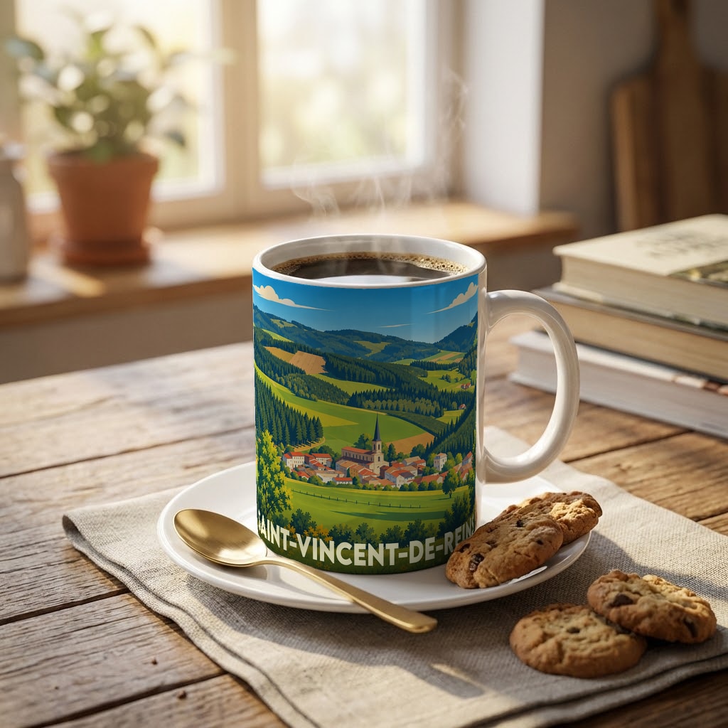 Mug souvenir de la ville de Saint-Vincent-de-Reins orné d'une illustration paysagère stylisée.