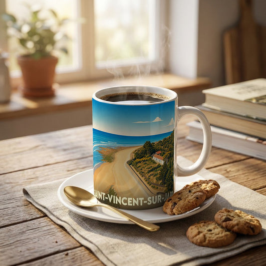 Mug souvenir de la ville de Saint-Vincent-sur-Jard avec une illustration stylisée du bord de mer.
