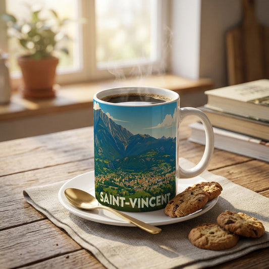 Mug souvenir de la ville de Saint-Vincent avec une illustration stylisée d'un paysage de montagne.
