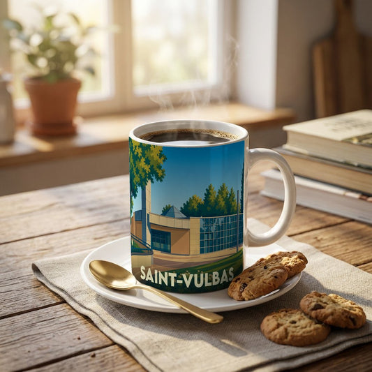 Mug souvenir de la ville de Saint-Vulbas orné d'une illustration stylisée de son architecture moderne.