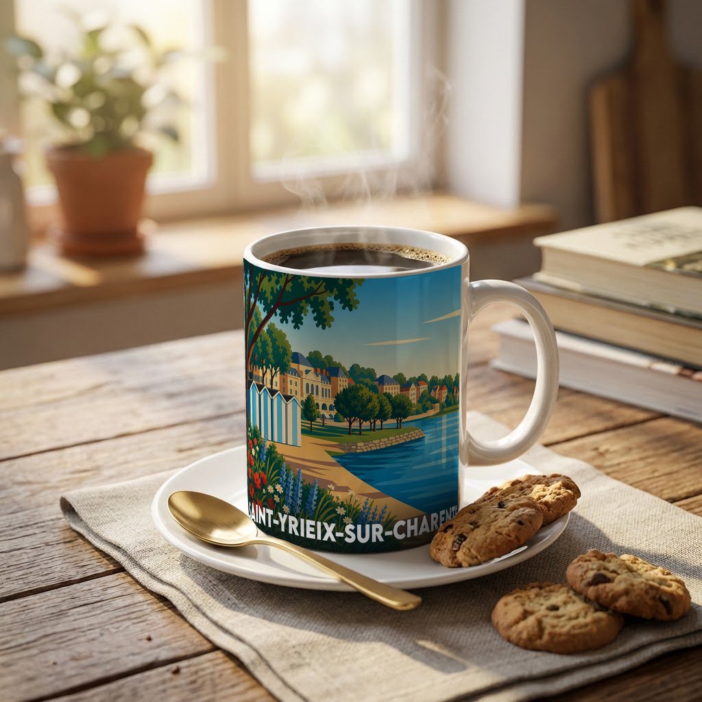 Mug souvenir de la ville de Saint-Yrieix-sur-Charente orné d'une illustration stylisée de ses bords de l'eau.