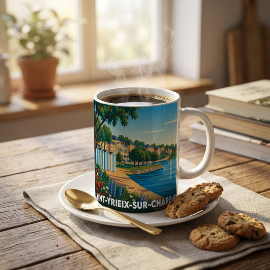 Mug souvenir de la ville de Saint-Yrieix-sur-Charente orné d'une illustration stylisée de ses bords de l'eau.