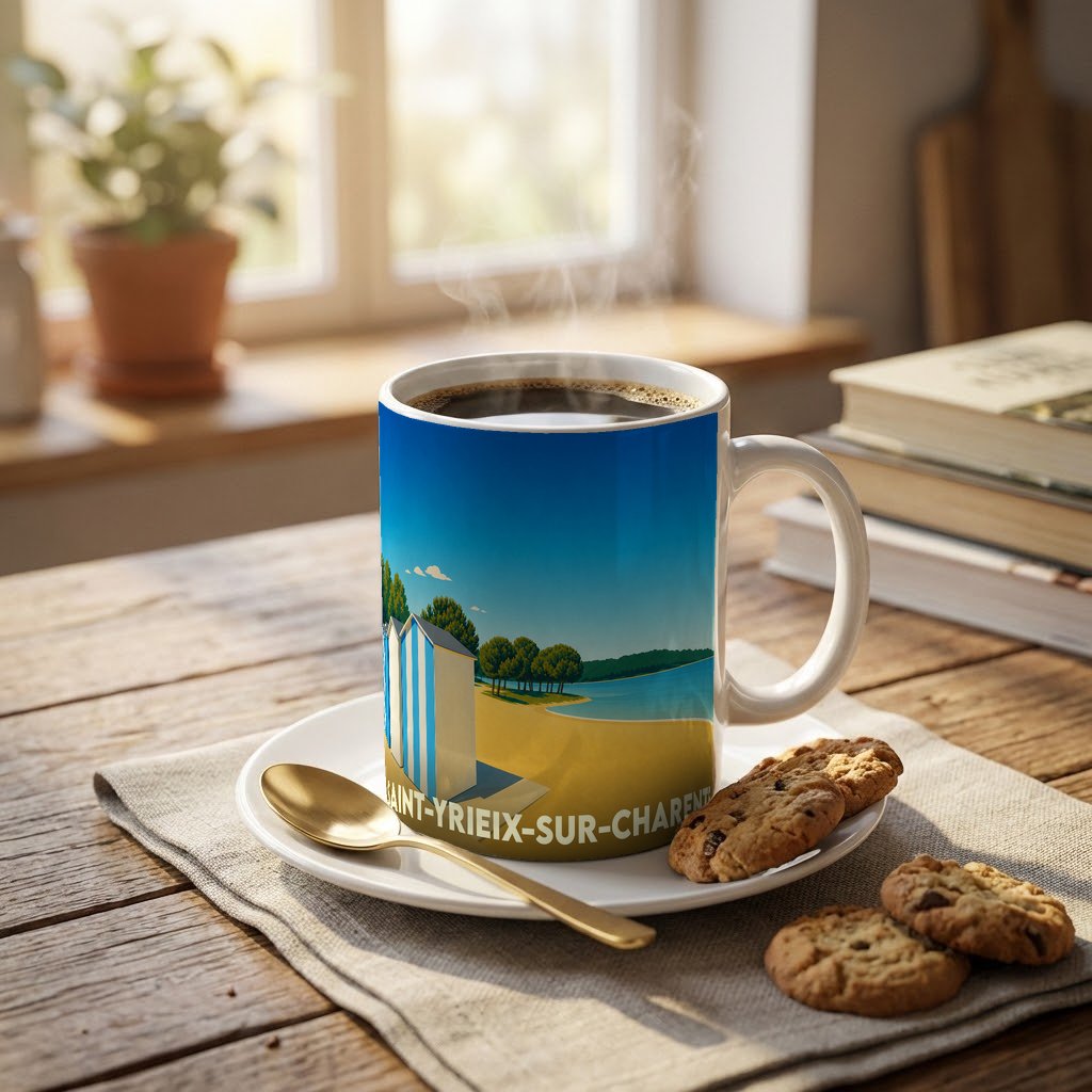 Mug souvenir de la ville de Saint-Yrieix-sur-Charente avec une illustration stylisée de sa plage et de ses cabines.