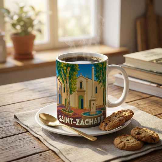 Mug souvenir de la ville de Saint-Zacharie orné d'une illustration stylisée de sa place centrale.
