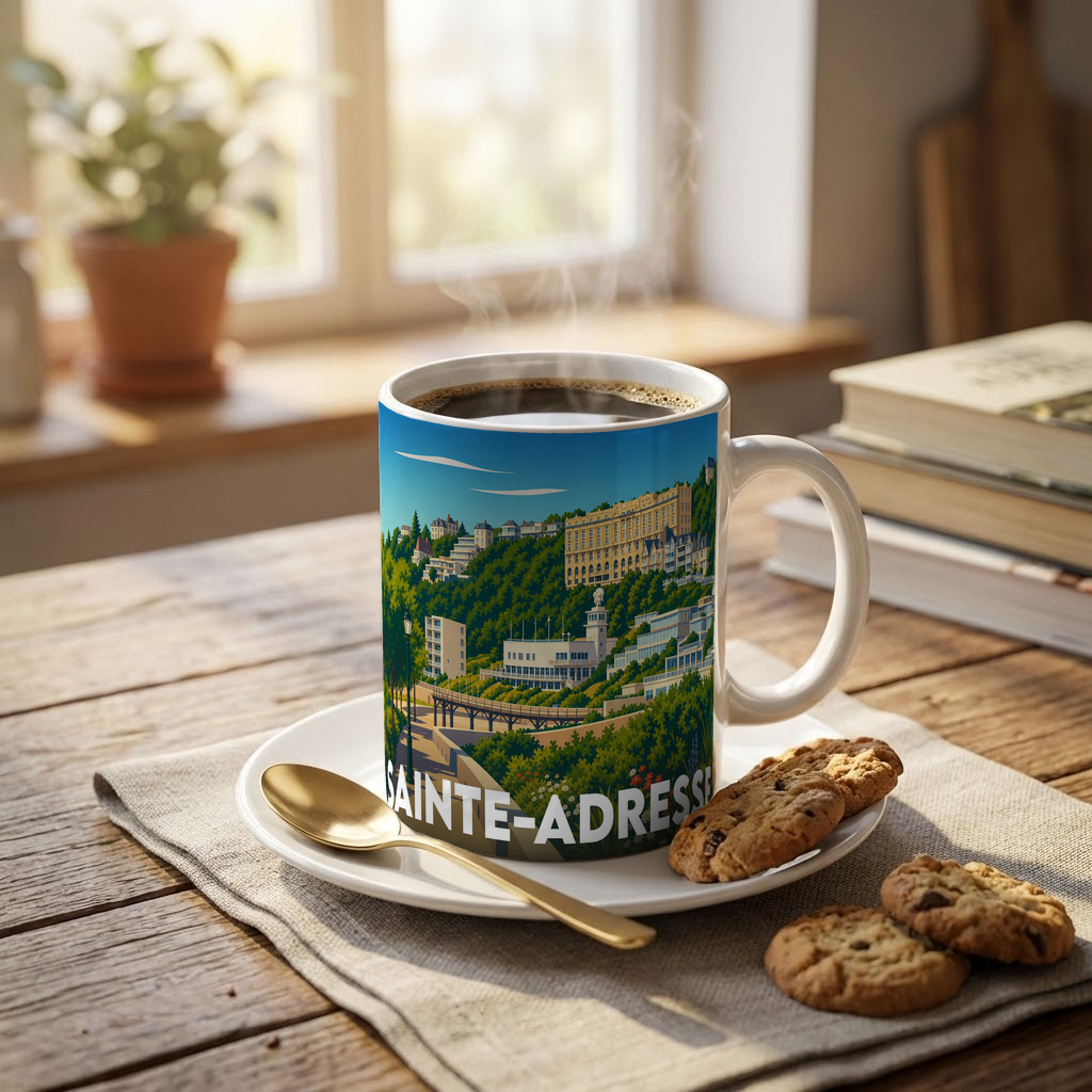 Mug souvenir de la ville de Sainte-Adresse avec une illustration colorée et stylisée de son paysage urbain.