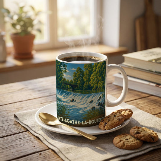 Mug souvenir de Sainte-Agathe-la-Bouteresse illustré d'un paysage de cascade et de forêt.