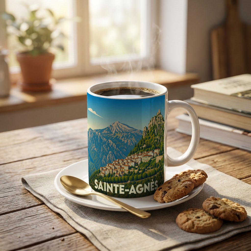 Mug souvenir de la ville de Sainte-Agnès orné d'une illustration vintage de son village perché en montagne.