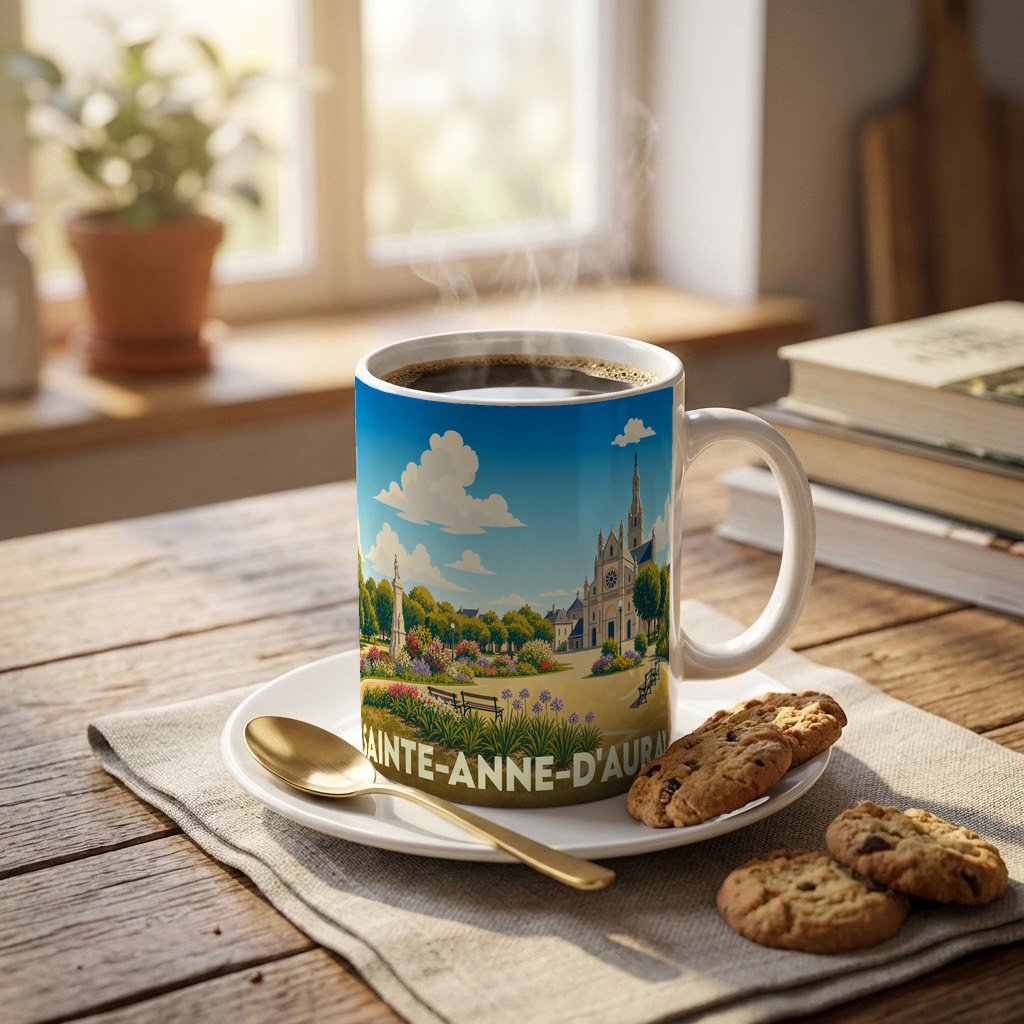 Mug souvenir de la ville de Sainte-Anne-d'Auray illustré d'une vue stylisée de sa basilique et de ses jardins.