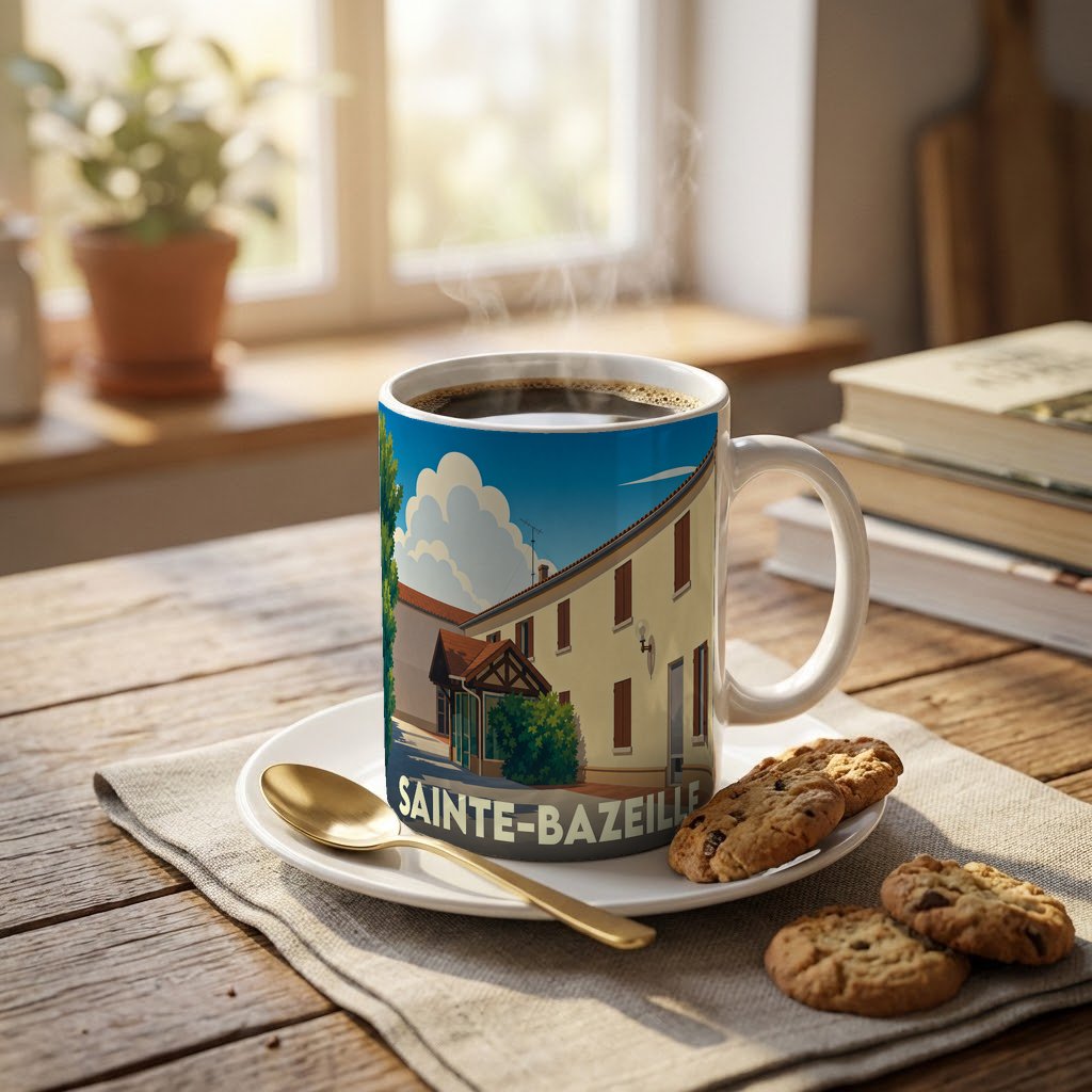 Mug souvenir de la ville de Sainte-Bazeille orné d'une illustration stylisée de ses bâtiments.