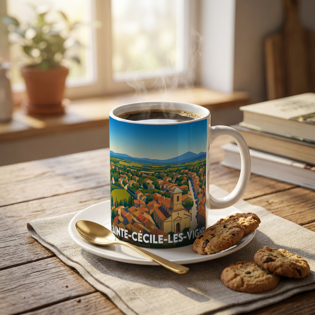 Mug souvenir de la ville de Sainte-Cécile-les-Vignes avec une illustration panoramique stylisée.