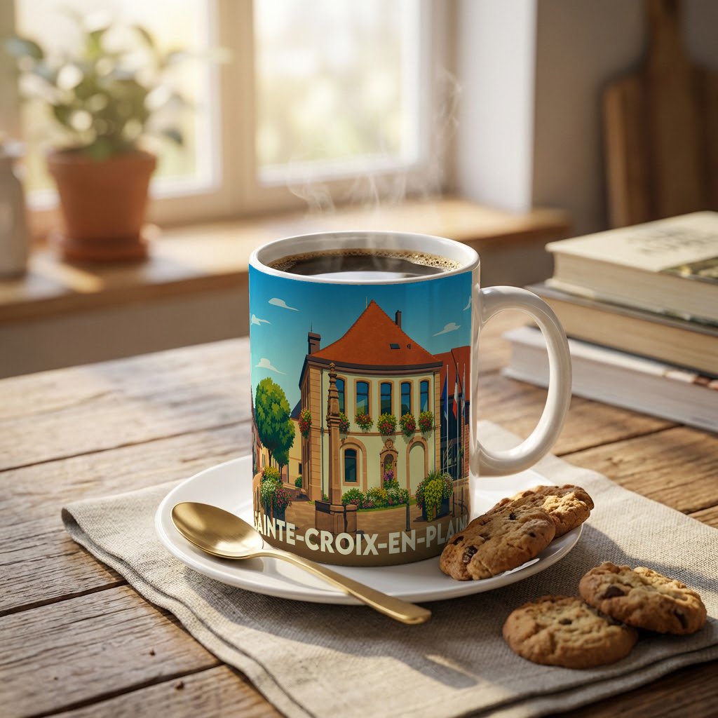 Mug souvenir de la ville de Sainte-Croix-en-Plaine avec une illustration colorée et stylisée de sa mairie.