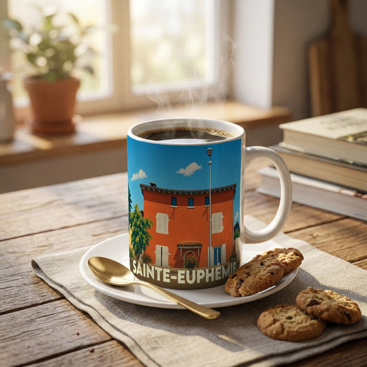 Mug souvenir de la ville de Sainte-Euphémie orné d'une illustration colorée et stylisée d'un bâtiment provençal.