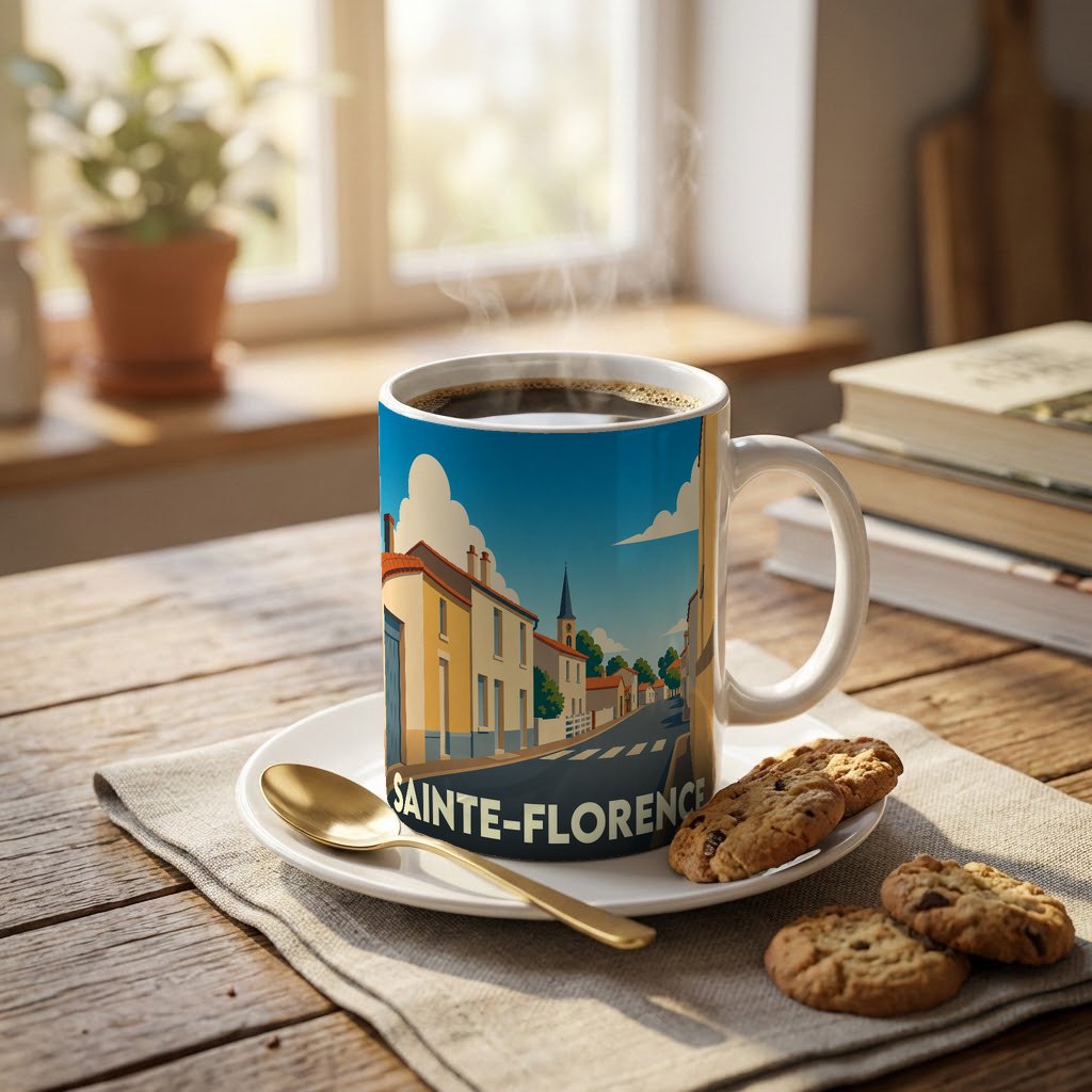 Mug souvenir de la ville de Sainte-Florence avec une illustration stylisée d'une rue ensoleillée.