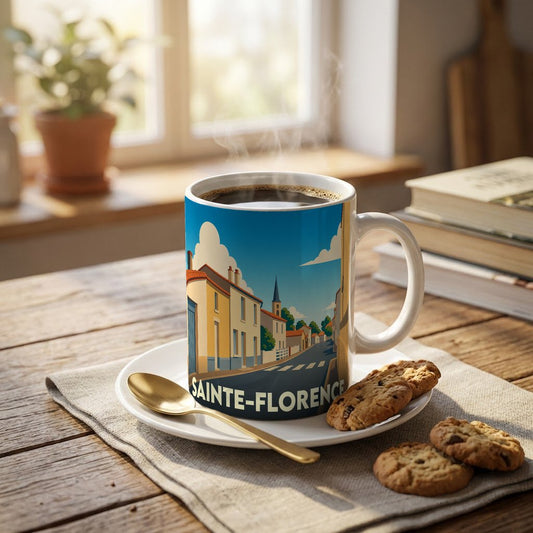 Mug souvenir de la ville de Sainte-Florence avec une illustration stylisée d'une rue ensoleillée.