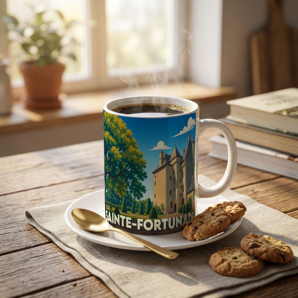 Mug souvenir de la ville de Sainte-Fortunade avec une illustration stylisée d'un château.