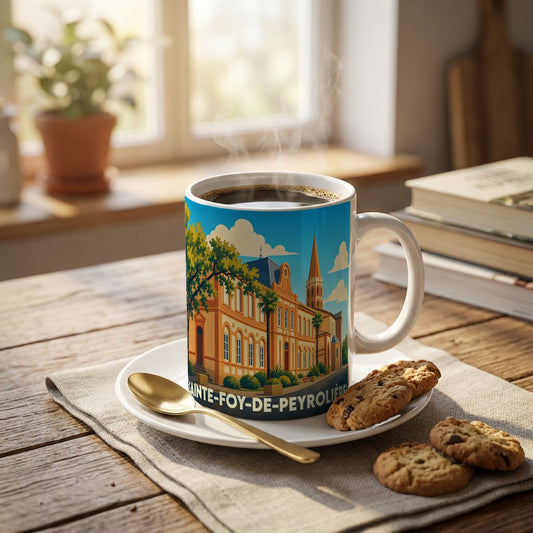 Mug souvenir de la ville de Sainte-Foy-de-Peyrolières avec une illustration stylisée de son architecture.