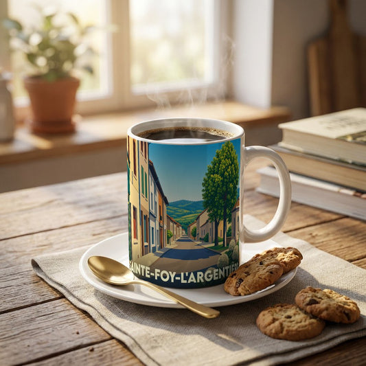Mug souvenir de la ville de Sainte-Foy-l'Argentière avec une illustration stylisée d'une rue pittoresque.