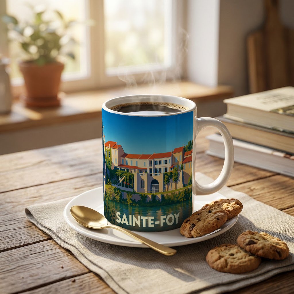 Mug souvenir de la ville de Sainte-Foy avec une illustration stylisée d'un paysage urbain au bord de l'eau.