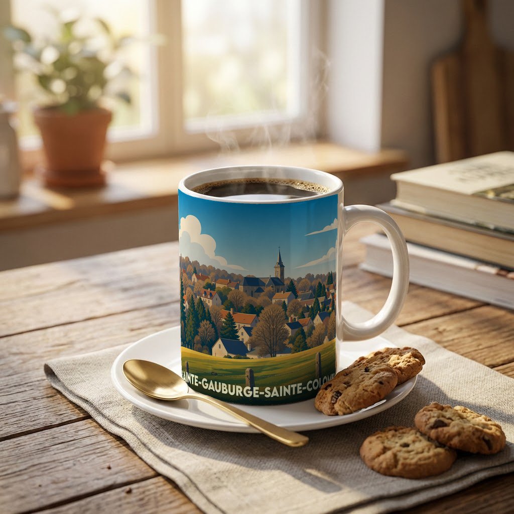 Mug souvenir de la ville de Sainte-Gauburge-Sainte-Colombe avec une illustration stylisée de son paysage urbain.