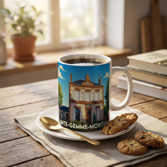 Mug souvenir de la ville de Sainte-Gemme-Moronval orné d'une illustration stylisée de sa mairie.