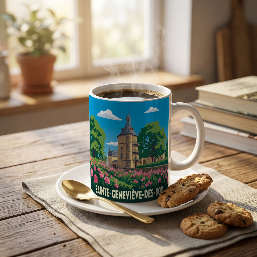 Mug souvenir de la ville de Sainte-Geneviève-des-Bois avec une illustration stylisée.