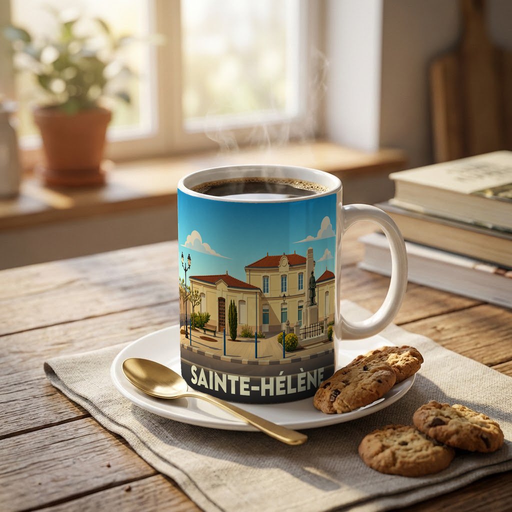 Mug souvenir de la ville de Sainte-Hélène avec une illustration stylisée d'un bâtiment historique et de sa place.