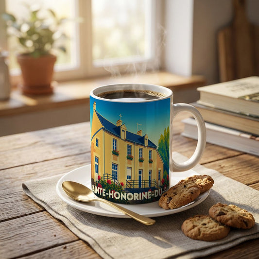Mug souvenir de la ville de Sainte-Honorine-du-Fay avec une illustration stylisée d'un bâtiment traditionnel.