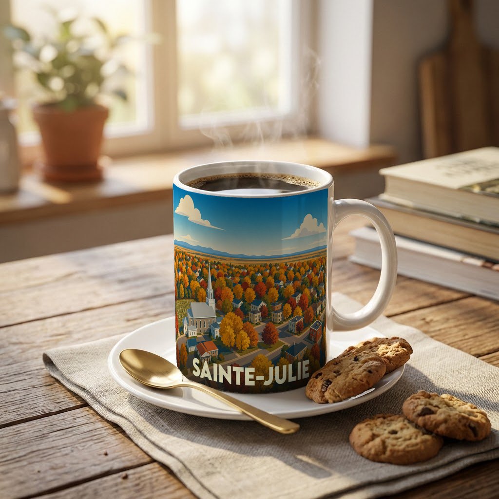Tasse souvenir de la ville de Sainte-Julie ornée d'une illustration automnale stylisée.