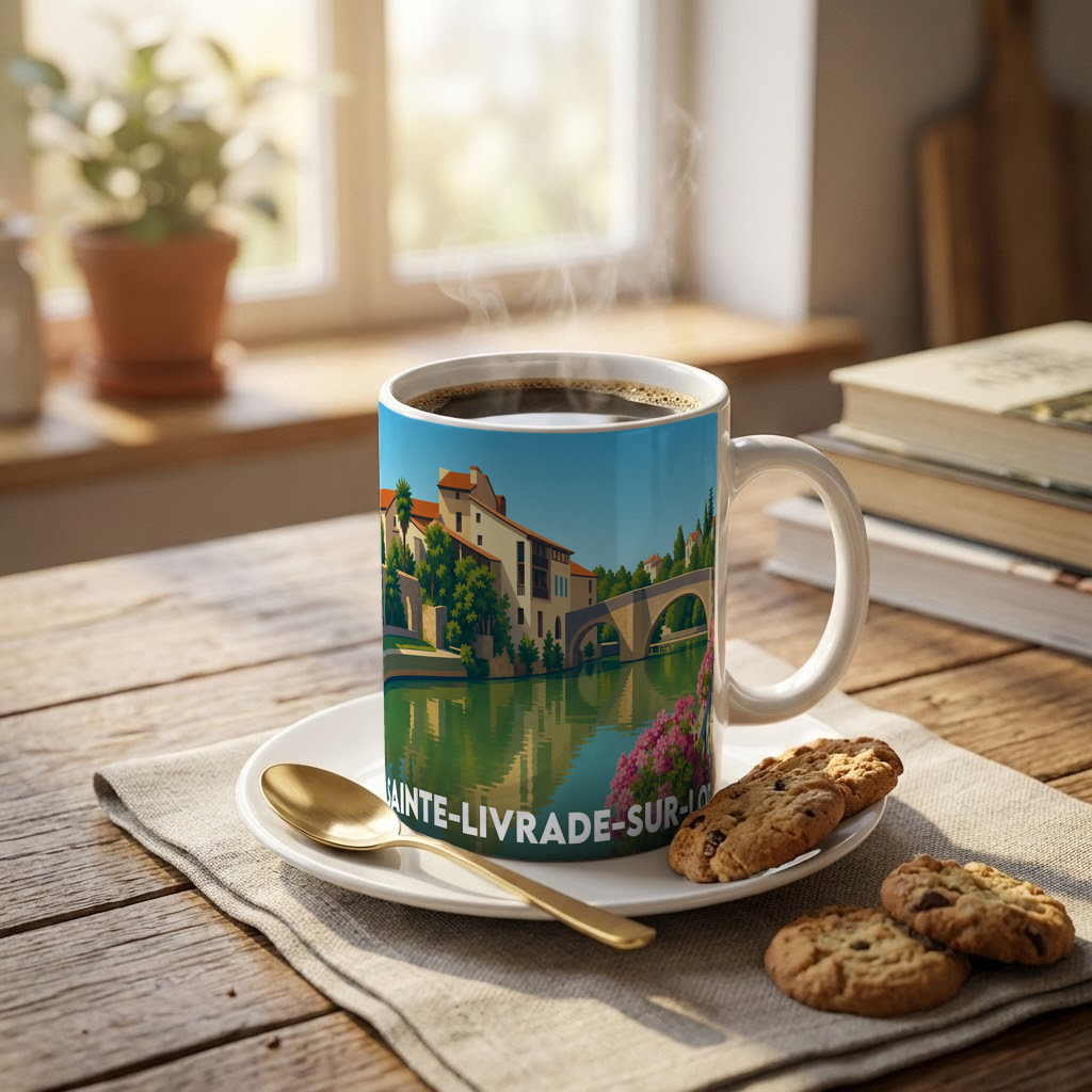 Mug souvenir de la ville de Sainte-Livrade-sur-Lot avec une illustration stylisée d'un pont et de bâtiments en bord d'eau.