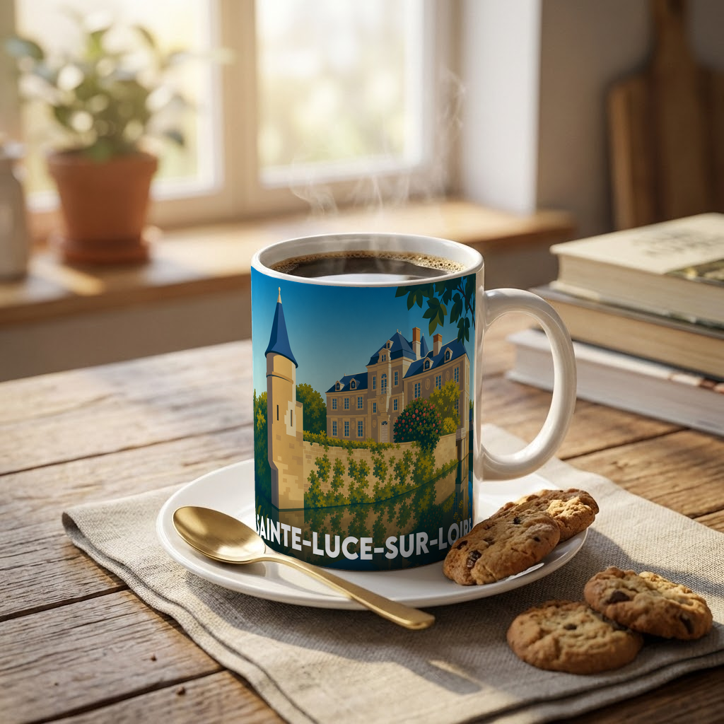 Mug souvenir de la ville de Sainte-Luce-sur-LOIRE avec une illustration stylisée.