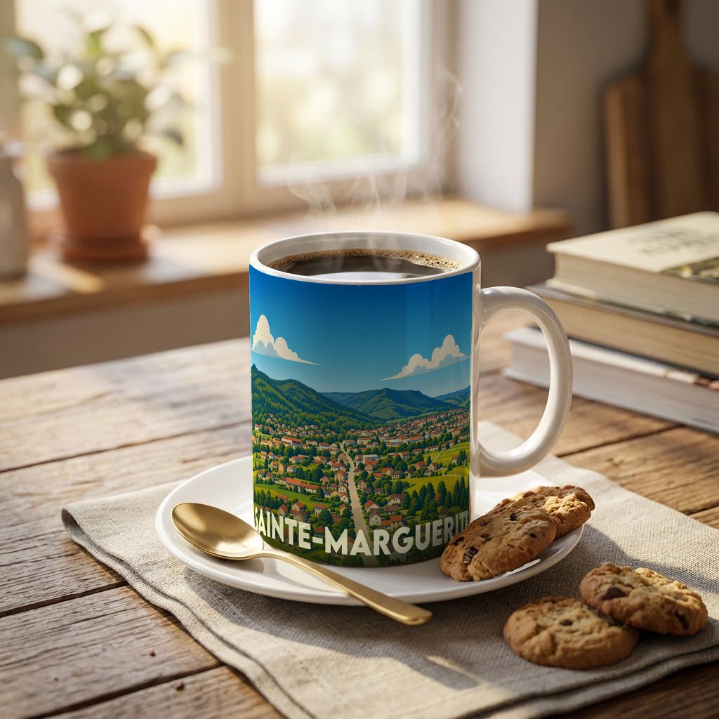 Mug souvenir de la ville de Sainte-Marguerite orné d'une illustration panoramique colorée.