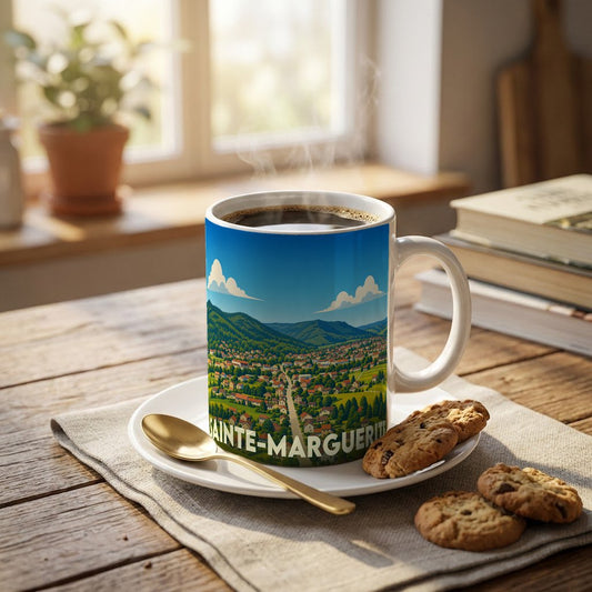 Mug souvenir de la ville de Sainte-Marguerite orné d'une illustration panoramique colorée.