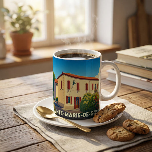 Mug souvenir de la ville de Sainte-Marie-de-Gosse avec une illustration stylisée d'une maison basque.