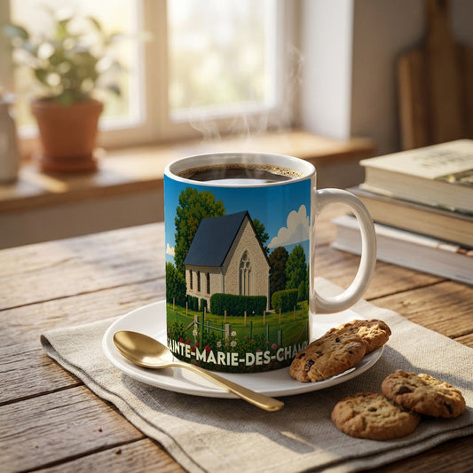 Mug souvenir de la ville de Sainte-Marie-des-Champs avec une illustration stylisée de son église.