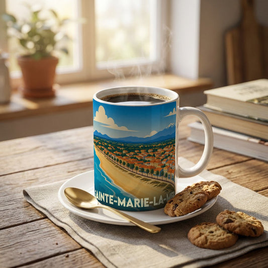Mug souvenir de la ville de Sainte-Marie-la-Mer orné d'une illustration de bord de mer rétro.
