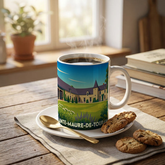 Mug souvenir de Sainte-Maure-de-Touraine illustré d'un château stylisé sur une table en bois.
