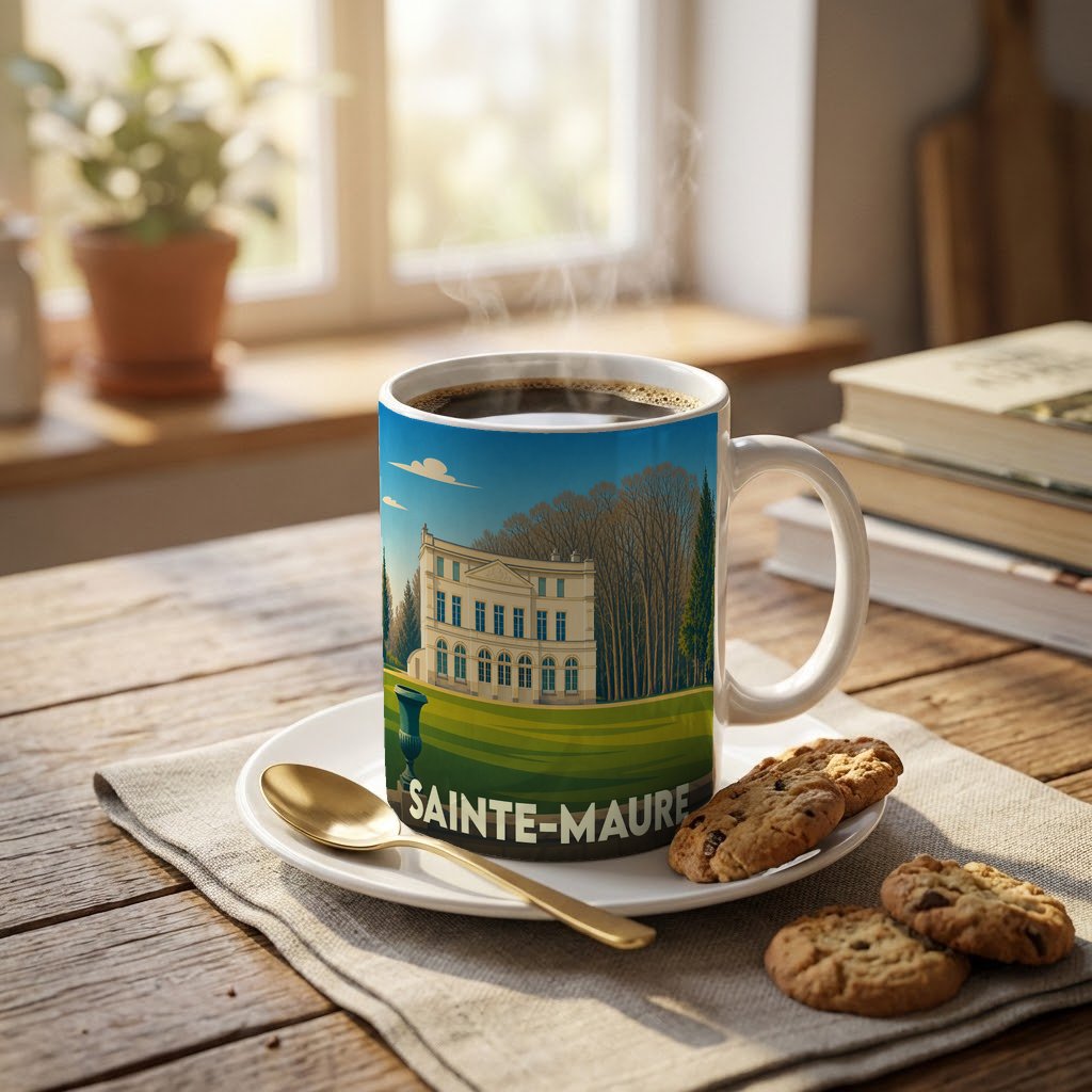 Mug souvenir de la ville de Sainte-Maure orné d'une illustration stylisée d'un château.