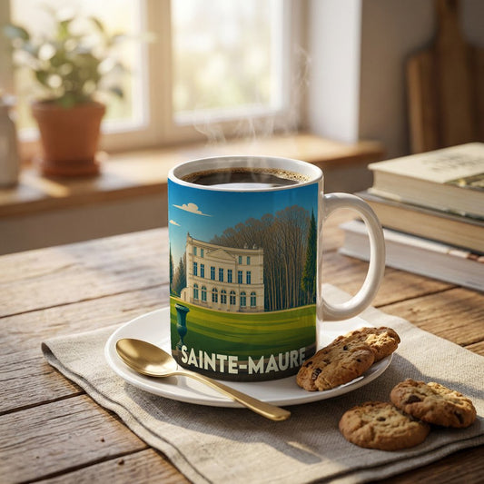 Mug souvenir de la ville de Sainte-Maure orné d'une illustration stylisée d'un château.