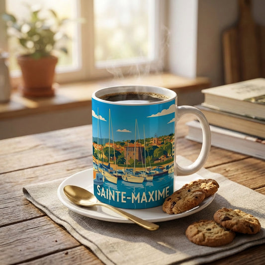 Mug souvenir de la ville de Sainte-Maxime avec une illustration stylisée de son port.