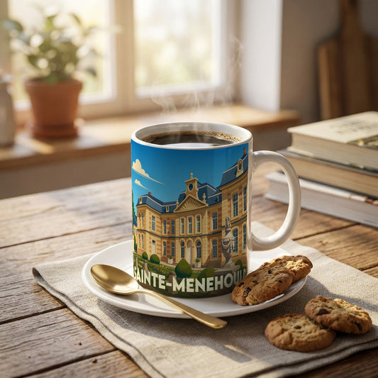 Mug souvenir de la ville de Sainte-Menehould orné d'une illustration stylisée de son hôtel de ville.