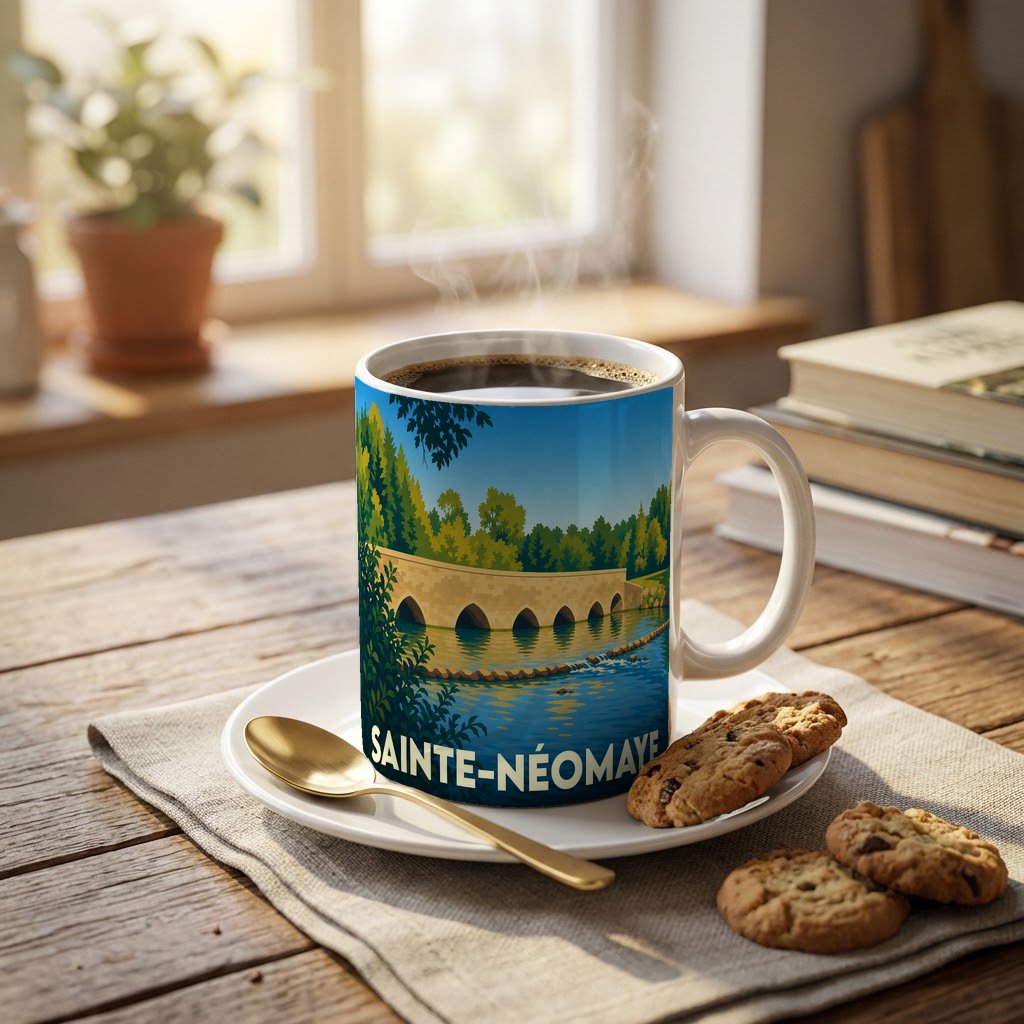 Mug souvenir de la ville de Sainte-Néomaye avec une illustration stylisée de son pont.