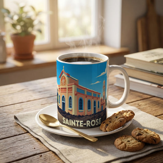 Mug souvenir de la ville de Sainte-Rose arborant une illustration stylisée de son église emblématique.